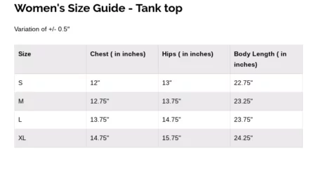 Woodwose Womens Tanks Size Guide