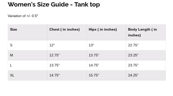 Woodwose Womens Tanks Size Guide