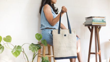 Arture Aspen Tote Bag Natural Hemp Blue Hanging