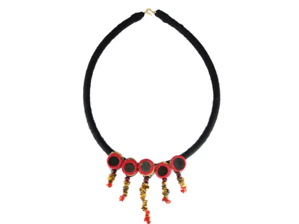 Mudran Black Red Potali Mirror Handmade Neckpiece