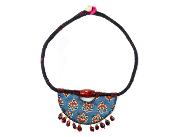 Mudran Indigo Round Mirror Halfmoon Handmade Neckpiece