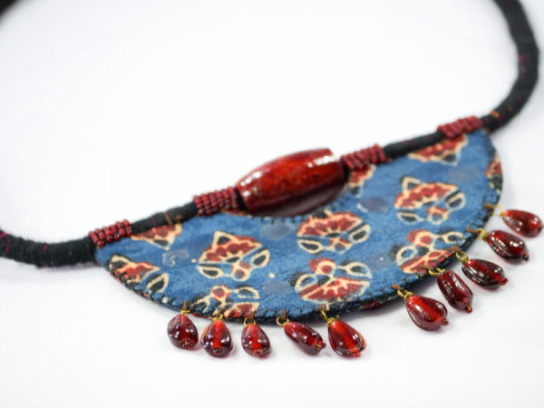 Mudran Indigo Round Mirror Halfmoon Handmade Neckpiece