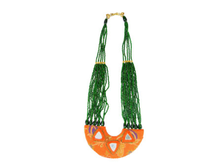 Vani Orange Green Banarasi Mirror Halfmoon Handmade Neckpiece