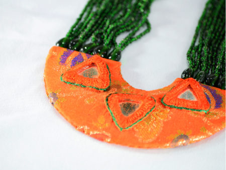 Vani Orange Green Banarasi Mirror Halfmoon Handmade Neckpiece