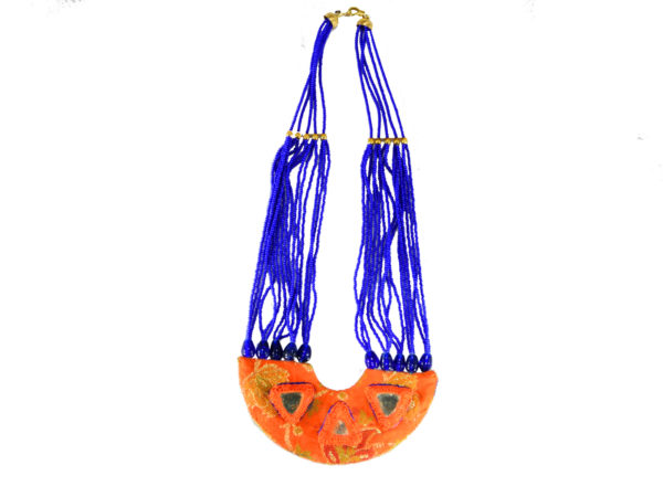 Vani Orange Blue Banarasi Mirror Halfmoon Handmade Neckpiece