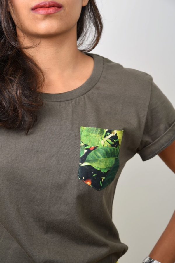 Coffee Print Pocket T-shirt (Olive Green) - TreeWear