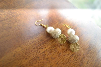 Beige And Gold Floral Wired Earrings
