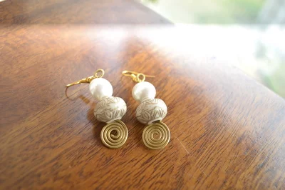Beige And Gold Floral Wired Earrings
