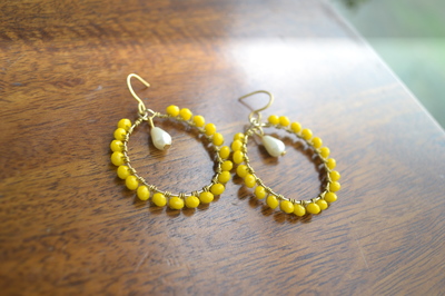 Yellow And Pearl Hoop Earrings