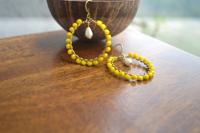 Yellow And Pearl Hoop Earrings