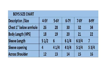Woodwose Boys size chart